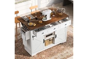 Siemd Kitchen Island with Storage & Charging-Station, Rolling Kitchen Island on Wheels with Drop Leaf, 2 Sliding Barn Door, 3