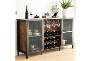 Rengue Liquor Cabinet Industrial Wine Bar Cabinet for Liquor and Glasses Farmhouse Sideboard and Buffet Cabinet for Home Kitchen Dining Rustic Brown 55 Inch