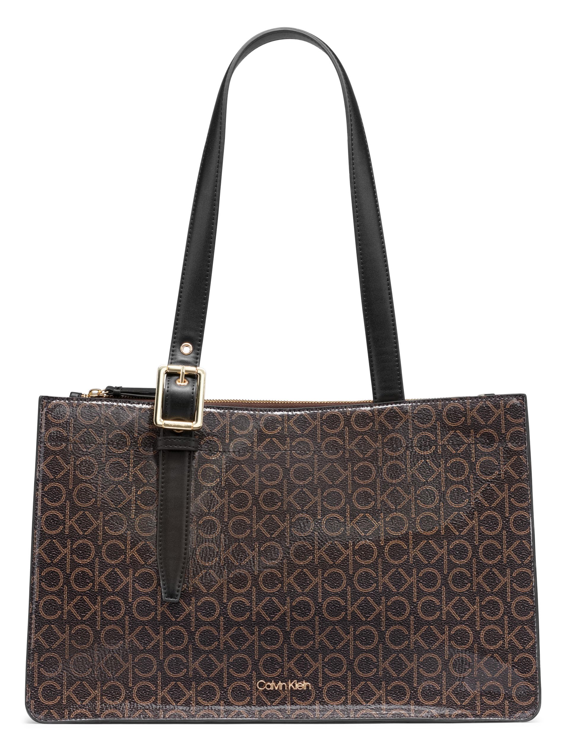 Calvin Klein Havana Novelty Organizational Tote, Brown/Khaki/Black Patent, One Size