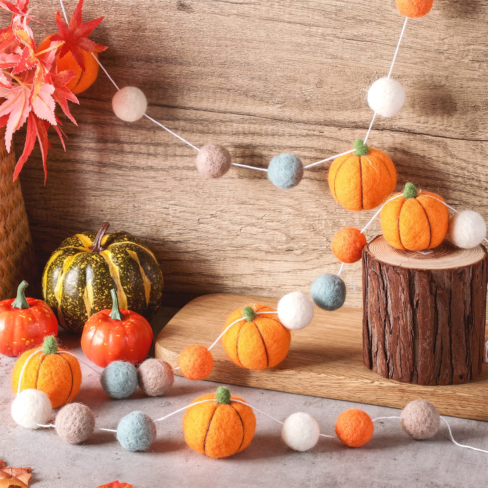 Photo 1 of MTLEE 2 Pcs Fall Decor Fall Decoration for Home Hanging Felt Pumpkin Garland Autumn Thanksgiving Felt Pumpkin Ball Banner for Indoor Mantle Wall Decor Boho Classroom Orange Pom Pom Party Favors