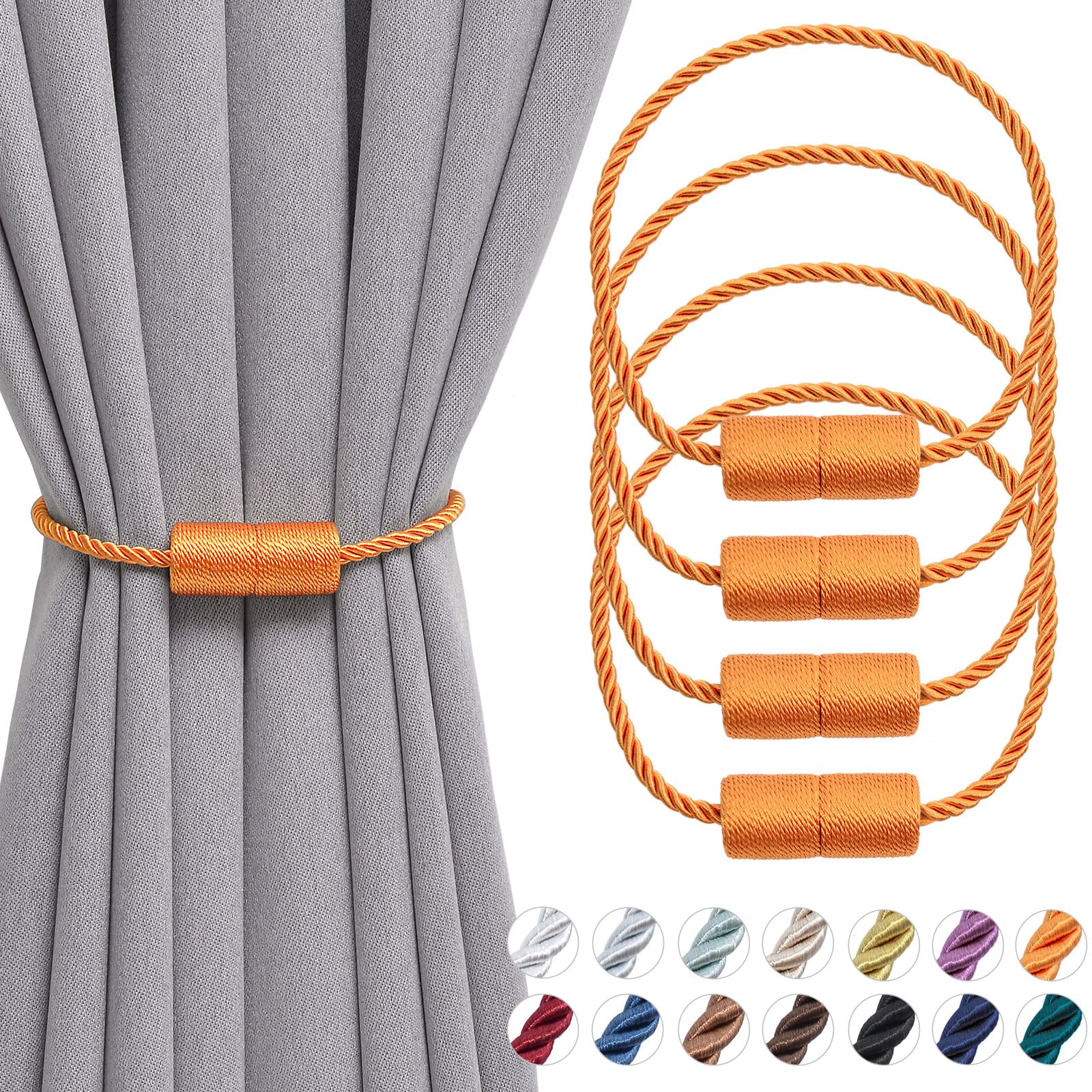 Pretty Jolly 4 Pack Magnetic Curtain Tiebacks 16 Inch Handmade Weave Side Rope Curtain Holdbacks Convenient Decorative Cylinder Curtain Drape Tie Backs for Home & Office Window Drapery (Orange)