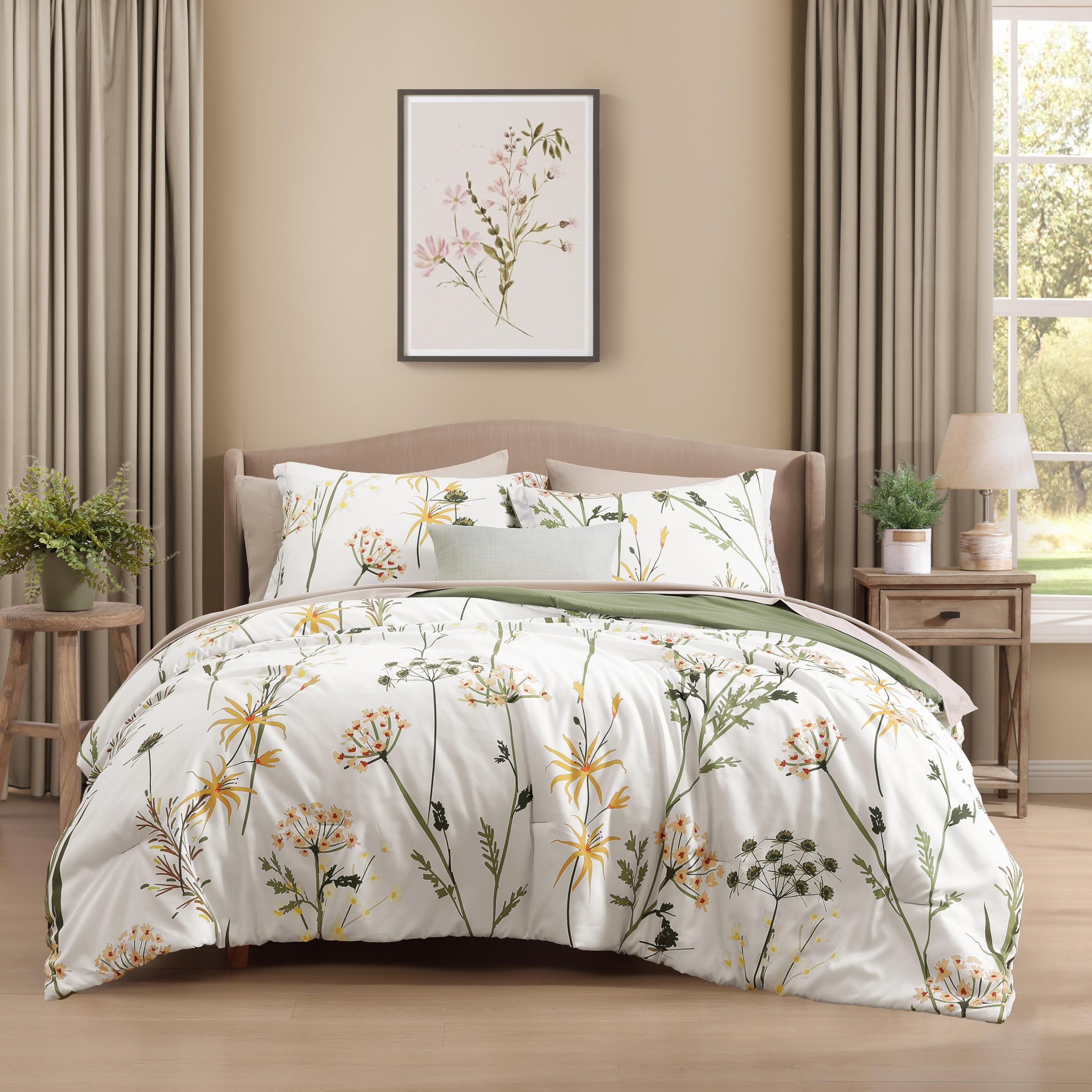 Photo 1 of CASAAGUSTO King Comforter Set 7 PCS White & Green Dandelion Plant Comforter Set with Flowers Leaves Pattern Soft Seersucker Design All Season Bedding Set(102"X90")