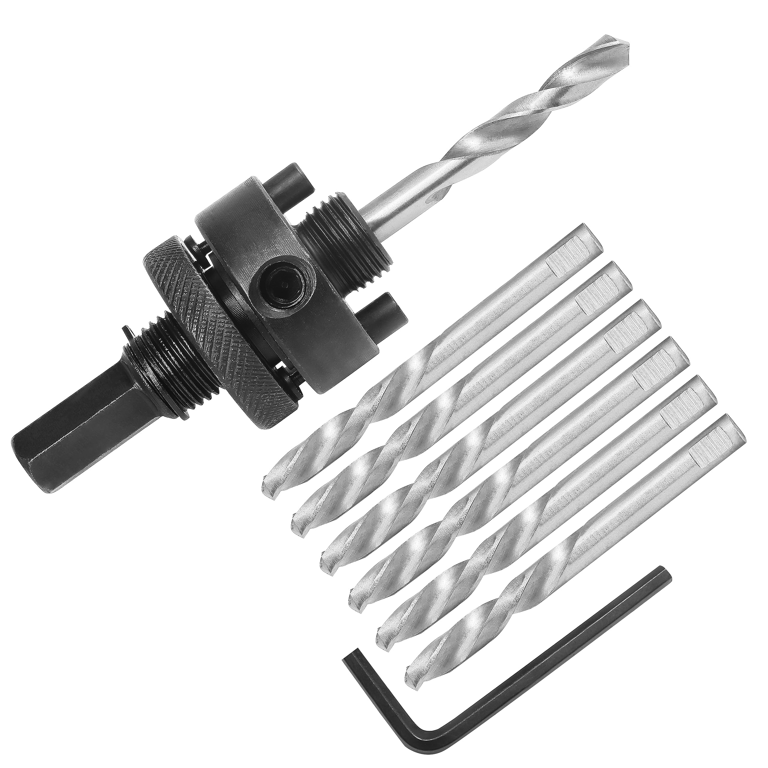 Photo 1 of JTemgle Heavy Duty Hole Saw Arbor with 5pcs Center Drill Bits, 1/2" Hex Shank Quick Change Arbor Fits 1-1/2" to 10" Hole Saws