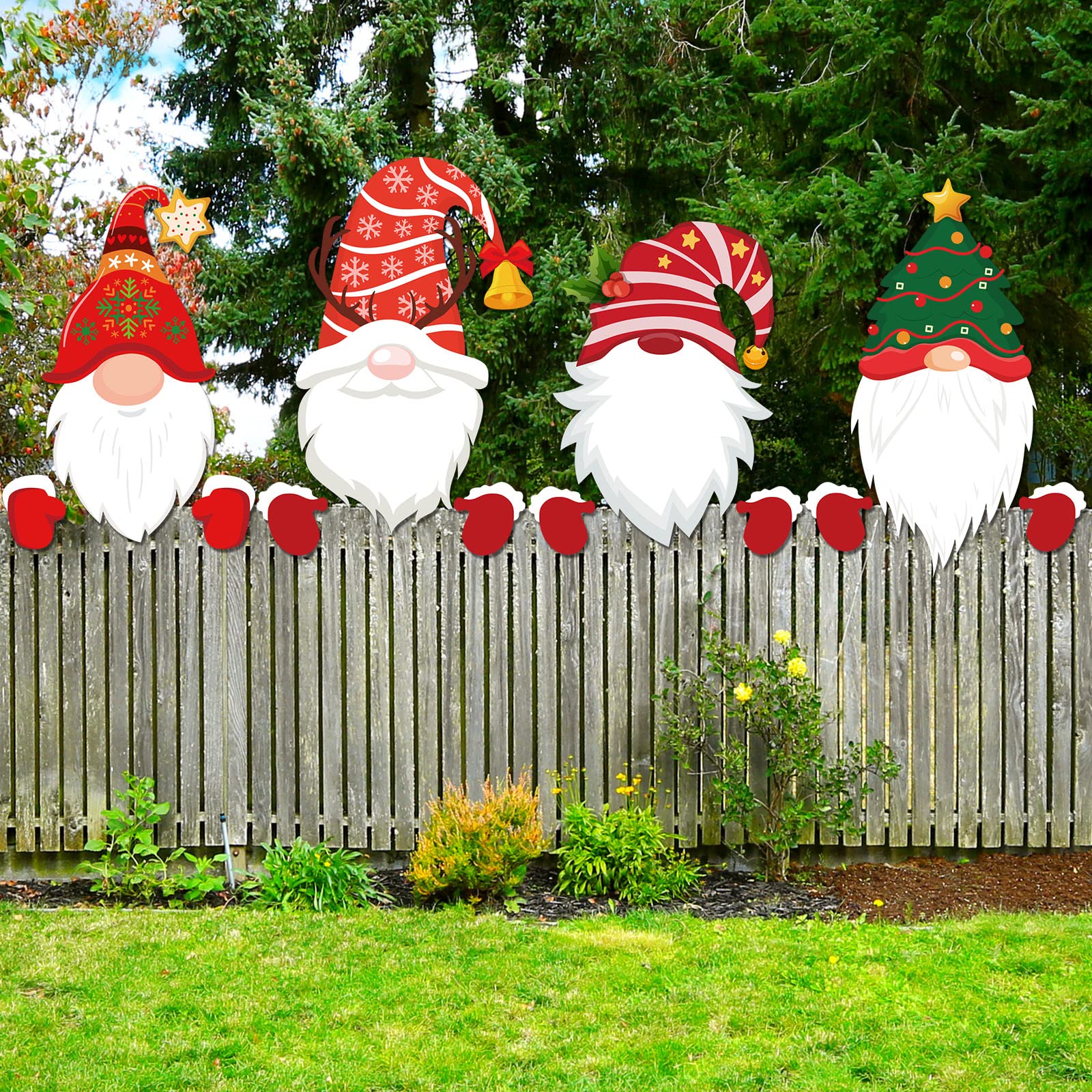 Photo 1 of 4 Pcs Christmas Fence Peeker Decoration Garden Yard Decorations Xmas Outdoor Garden Fence Sign Ornament Christmas Peeker Art for Holiday Patio Home Decor(Novel Style)