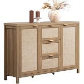 SICOTAS 52 Inch Rattan Sideboard Buffet Coffee Bar Cabinet with 3 Drawers | Farmhouse Boho Credenza Storage Cabinet with Large Storage, Console Table for Living Room, Kitchen, Entryway