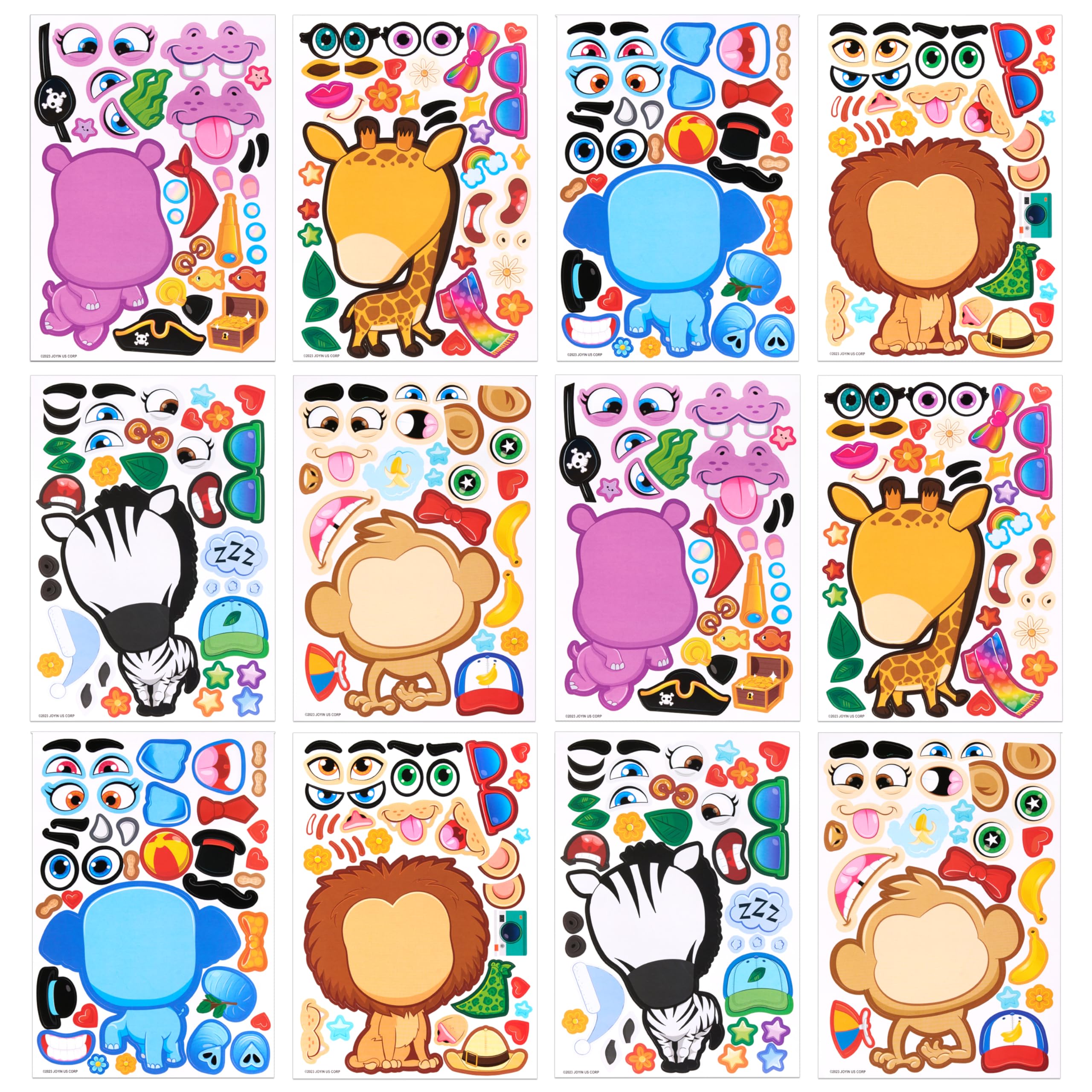 JOYIN 24 PCS 6”x 9"(15.2 * 22.8cm) Make-a-face Sticker Sheets for Kids, Make Your Own Animal Safari and Match Sticker Sheets with Safari and Fantasy Animals Kids Party Favor Supplies Craft