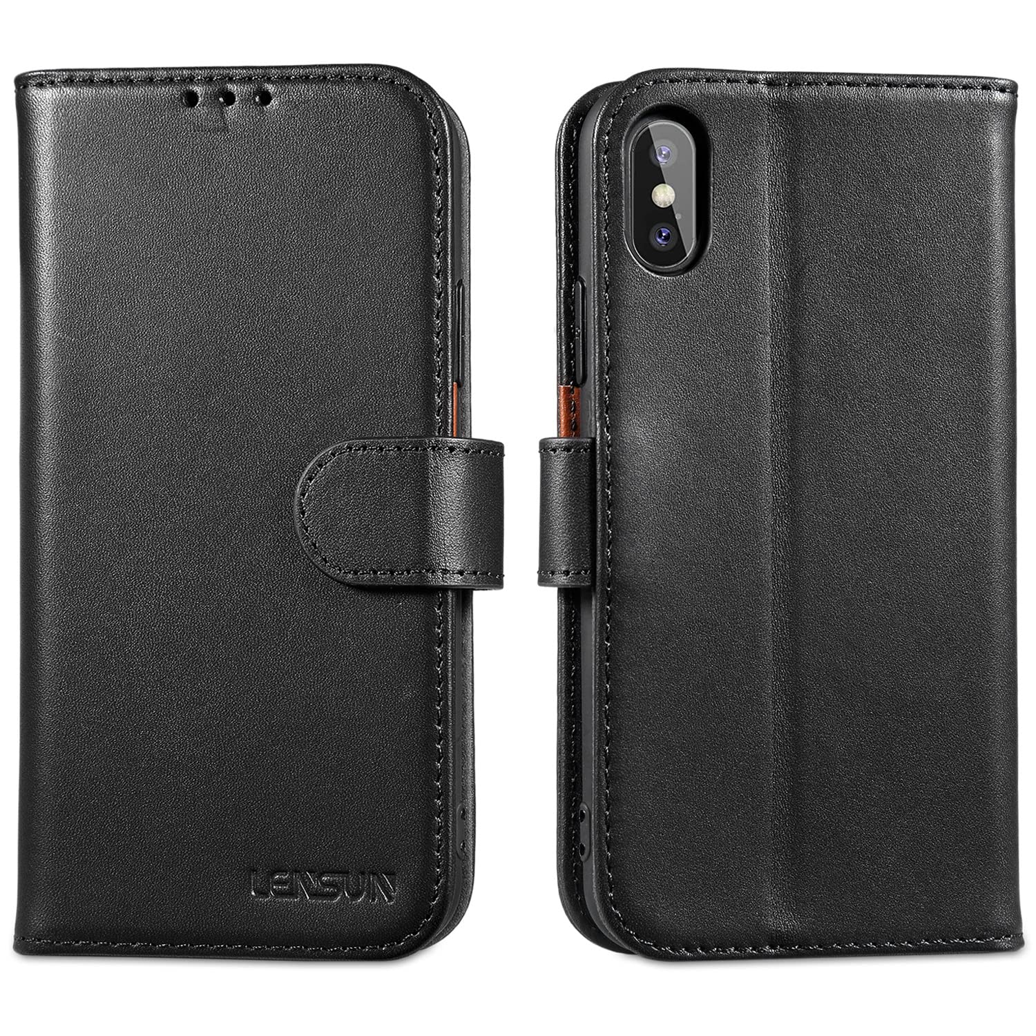 LENSUN Case for iPhone X and iPhone XS, Genuine Leather Wallet Flip Phone Cover [RFID Blocking] with Card Holder and Magnetic Closure Compatible with iPhone X/XS - Black