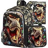 FTJCF 16" Dinosaur Backpack, Boys Kids Bookbag with Lunch Box, 3Pcs Dino School Backpacks for Elementary Preschool Kindergarten (Black)