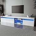 realglow LED TV Stand with 2 Glass Shelves, Modern TV Console Ample Storage Space Media Console for 100inch, TV Cabinet with LED for Living Room(White)