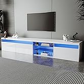 LUMISOL Long LED TV Stand for TVs Up to 105", Modern TV Cabinet with 2 Glass Shelves, Media Console with APP Controlled LED Color Changing Lights, for Living Room Game Room, White
