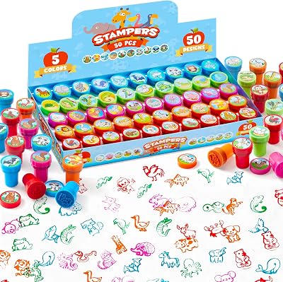 JOYIN 50 Pcs Animal Stamps for Kids Self Inking Stamp Set 5 Colors 50 Designs