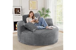 LUXANIMARION 55''W 3.5CM Corduroy Single Foam Sofa, Oversized Round Chair with Pillows, Modern Sleeper for Living Rooms, Lounges, Nurseries and Projection Rooms, Wide-Arm Lounge Chair Armchair, Dark Grey