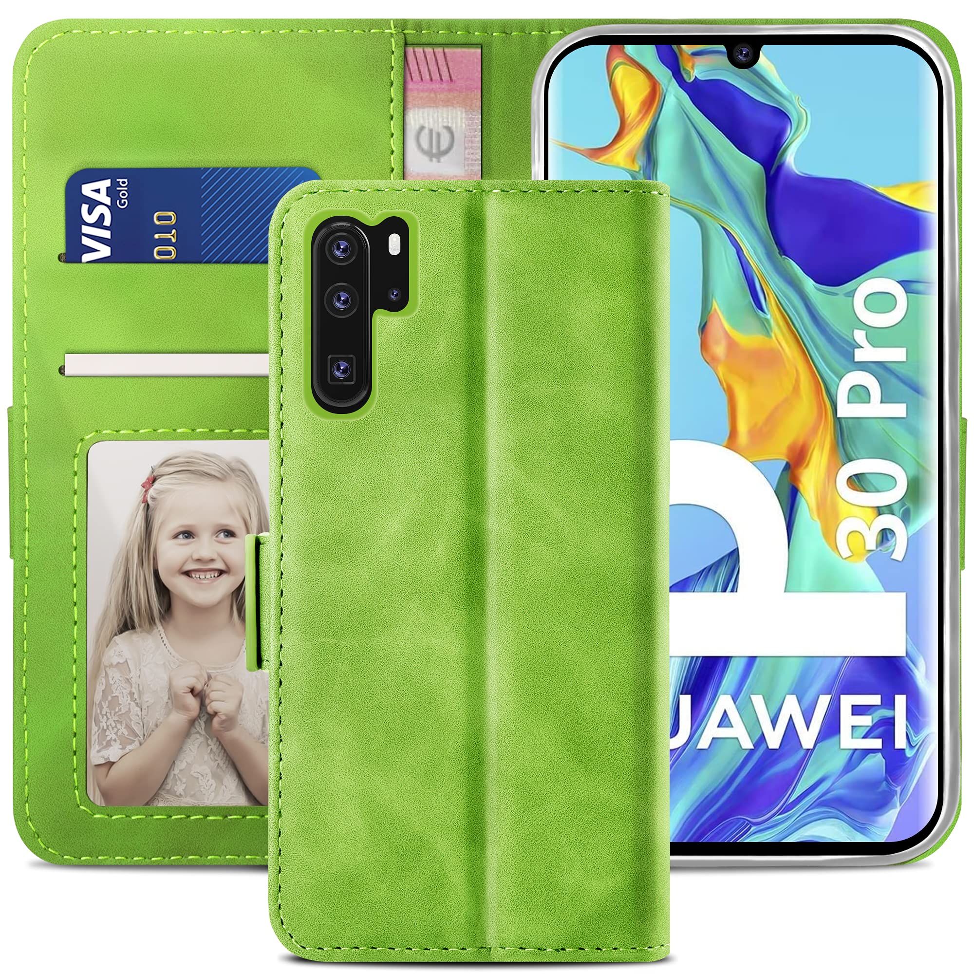 YATWIN Compatible with Huawei P30 Pro Case, Flip Wallet Leather Case with Card Slot and Shockproof Function Kickstand Phone Cases Cover for Huawei P30 Pro - Green — image 1