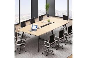 YITAHOME 8FT Conference Table with Power Outlets, 94.5" Meeting Table with Rectangle Grommet, Boat Shaped Seminar Boardroom Table for Office Conference Room, Light Wood Grain