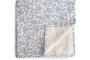 mushie Muslin Baby Swaddle Blanket | 100% Organic Cotton (Blue Flowers)