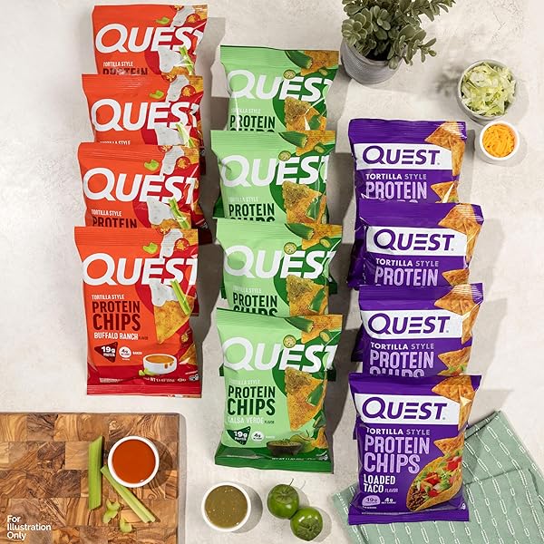 QUEST NUTRITION GAME DAY TORTILLA STYLE PROTEIN CHIPS VARIETY PACK, BUFFALO RANCH X4, SALSA VERDE X4, LOADED TACO X4, 12 COUNT