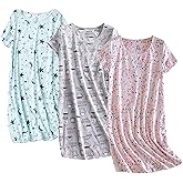 PNAEONG 3 Pack Women's Cotton Nightgown Sleepwear Short Sleeves Shirt Casual Print Sleepdress