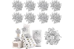 AIMUDI Curly Bows for Gift Wrapping 5'' Christmas Silver Gift Bows Metallic Burst Bows Self Adhesive Bows for Treats Presents Crafts Christmas Party Favors, 8 PCs