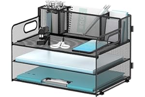 DALTACK Paper Organizer for Desk with 3 Pen Holders, 3-Tier Desk Organizer Tray with Handles, Paper Organizer Storage, Paper Tray Organizer for Home Office School, Black