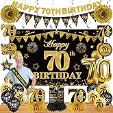 Guiruiy 25PCS 70th Birthday Decorations Kit for Men Women, Black Gold Happy 70th Bday Banner Balloon Centerpieces Swirls Party Supplies, Seventy Years Old Bday Sash Table Topper Swirl Paper Fans Set