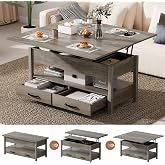 SYESWAY 42'' Lift Top Coffee Table with Storage Drawers, Grey | 4-in-1 Multifunctional Lift Coffee Table with Hidden Compartments, Coffee Table with Lifting top for Living Room, Dining Room