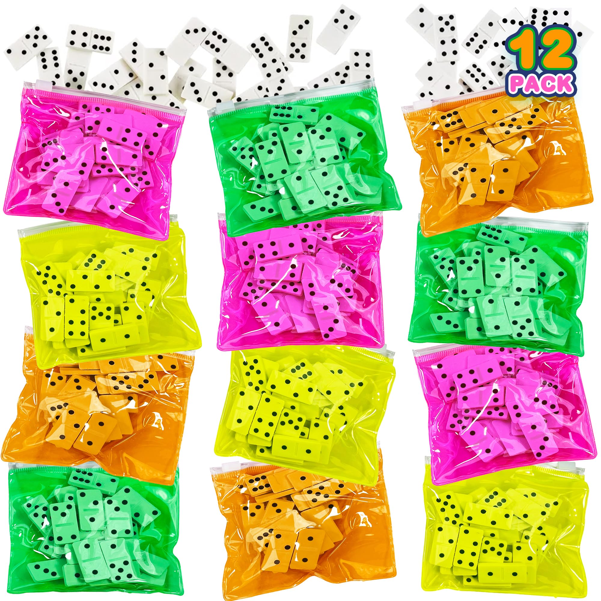 Photo 1 of ArtCreativity Domino Game Set - Pack of 12 - Each Domino Set Includes 28 Pieces Per Neon Pink, Yellow, Green and Orange Bags - Great School, Carnival Prizes - Awesome Party Favor - Fun Game for Kids