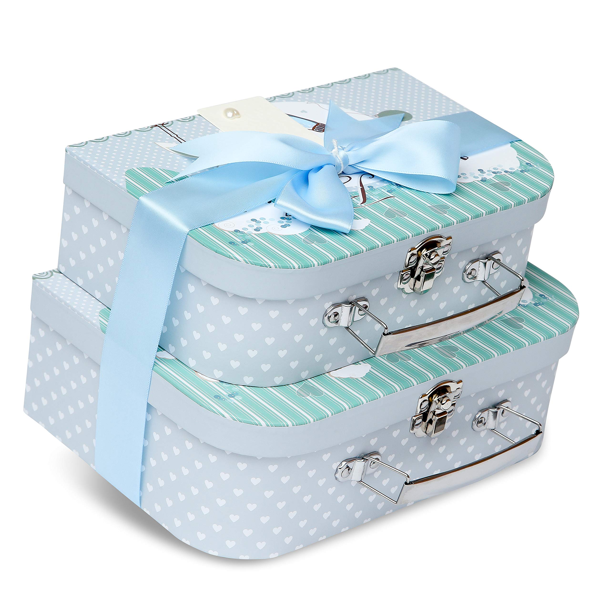 Baby Box Shop Ready to Fill Blue Suitcase Gift Set with Satin Ribbon and Tag, Keepsake Boxes for Baby Shower, Newborn Boys, Small and Medium Sizes