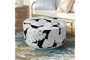 DYTXIII Inflatable Ottoman Stool D21 xH9 for Outdoor/Indoor Use, Water Repellent Patio Foot Rest Stool with Portable Handle,Round Pouf Ottoman Suitable for Garden,Deck and Camping - Black Leaves