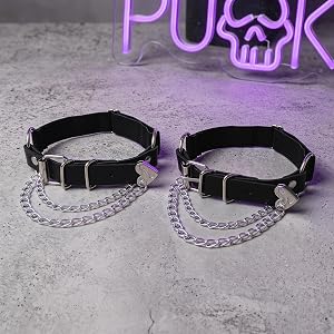 2 Pack Punk Goth Leg Garters for Women, Double Layer Metal Chain Thigh Harness with Heart Buckle Adjustable Elastic Leg Rings