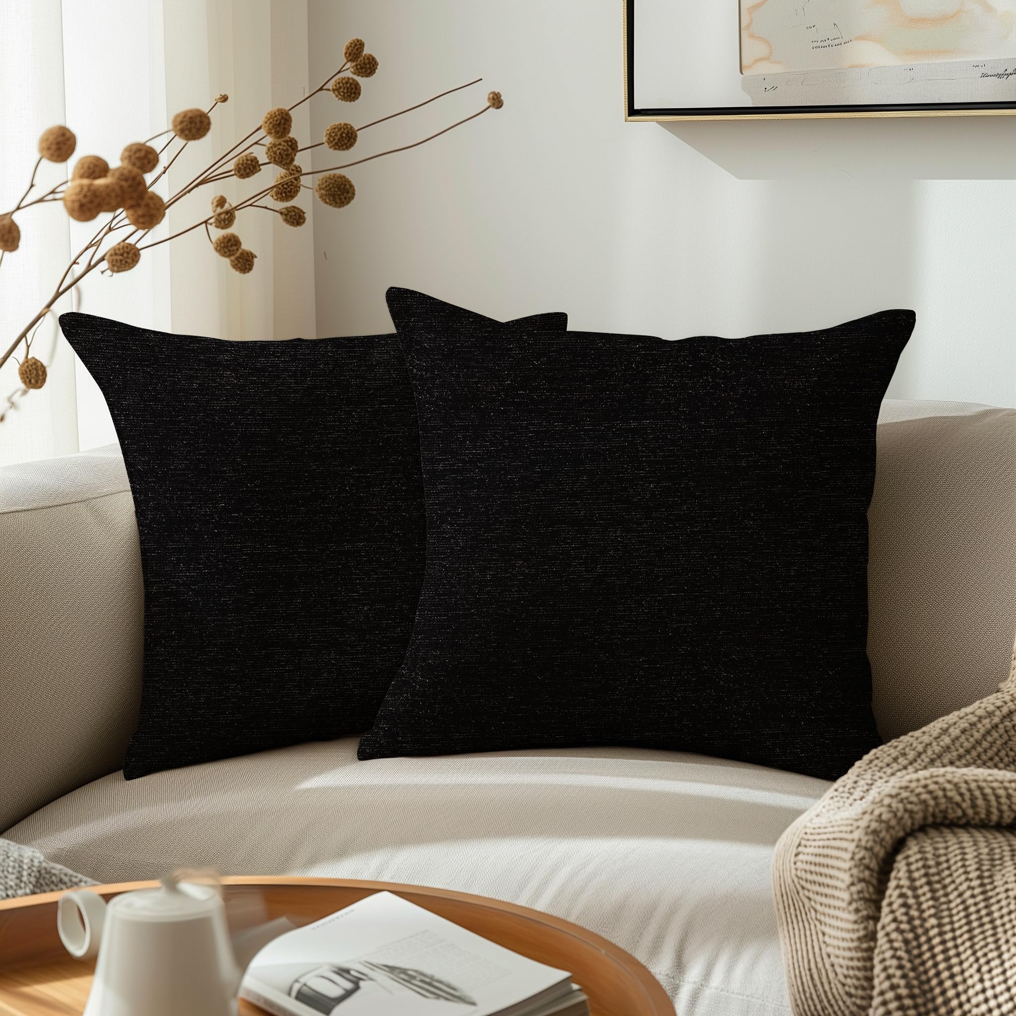 Encasa XO Fine Chenille Throw Pillow Covers 2 pcs Set - Black 1- 50x50 cm Textured Solid Colour, Soft & Smooth, Square Accent Decorative Cushion for Couch, Sofa, Chair & Bed