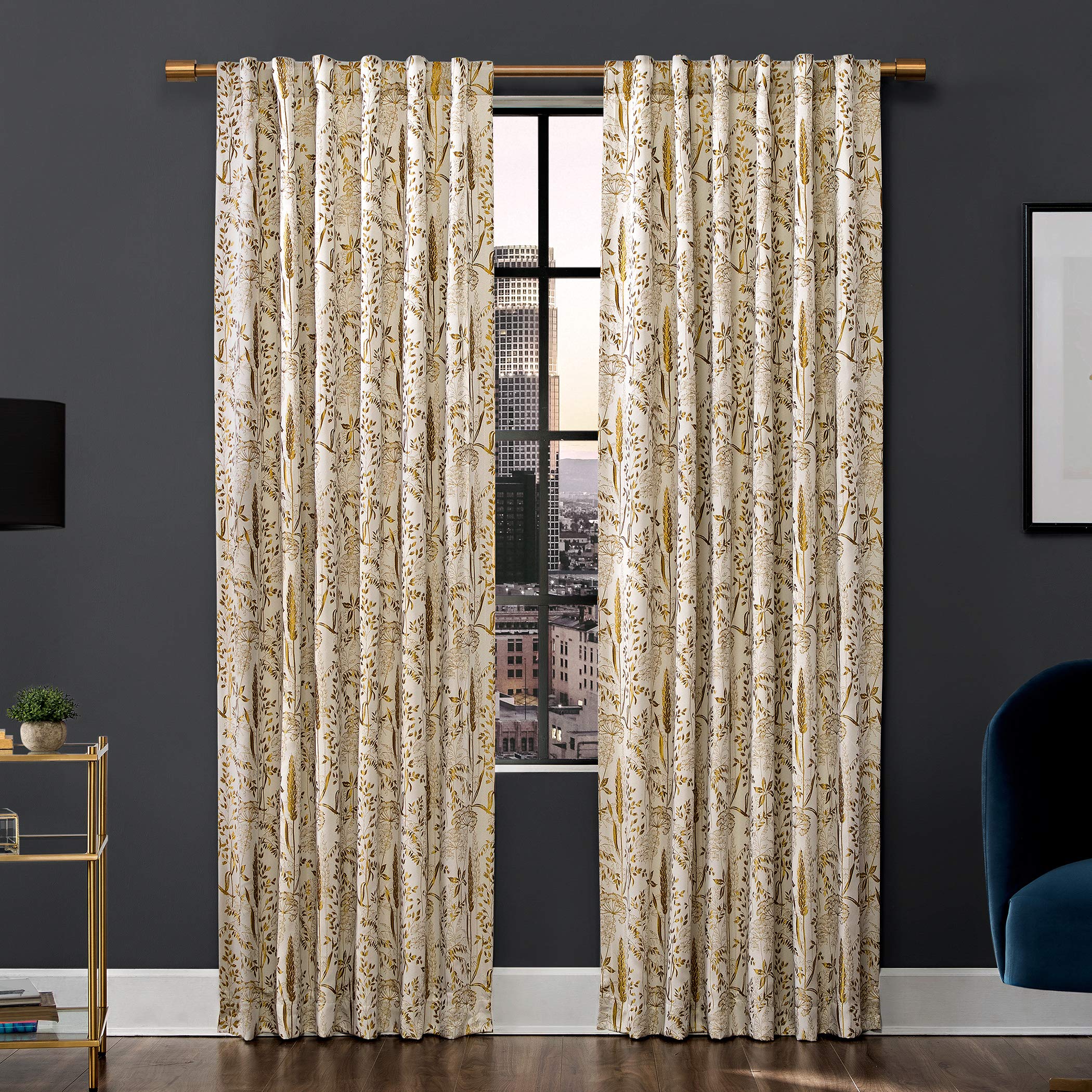 Scott Living Aubry Shimmering Floral 100% Blackout Back Tab Curtain Panel, 52" x 96", Gold