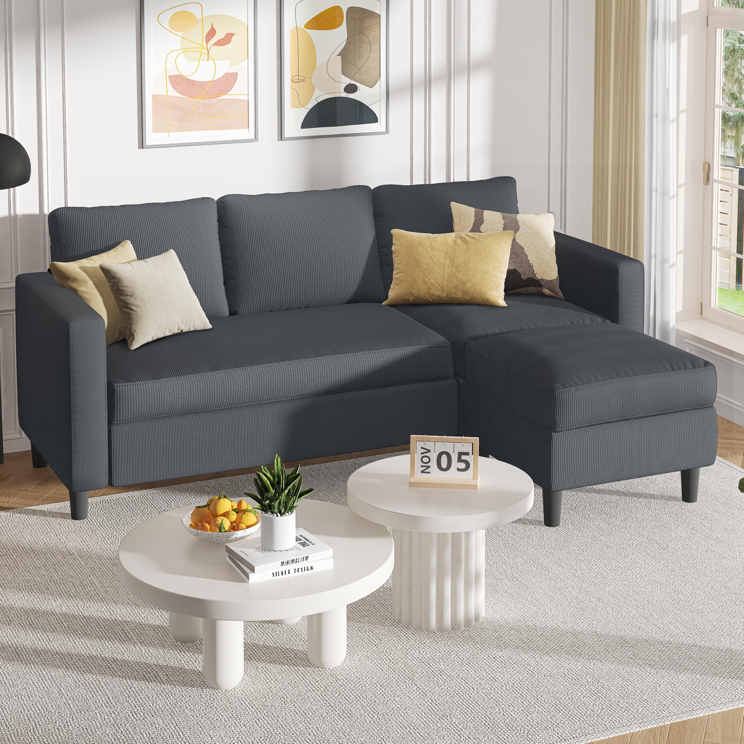 Photo 1 of *** PARTIAL SET *** Shintenchi Small Sectional Sofa Couch,3 Seat L Shape Sofas with Ottoman,Upholstered Corduroy Convertible Sofa Couches,Small Couches for Apartments, Living Room and Office