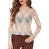 Avidlove Women's Mesh Top Long Sleeve Mock Neck Sheer Blouse See Through Floral Lace Tops