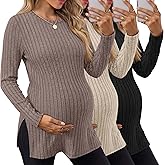 Sweetyweee 3 Pack Women's Maternity Shirts, Ribbed Long Sleeve Pregnancy Sweaters Knit Split Side Crew Neck Tunic Tees Tops