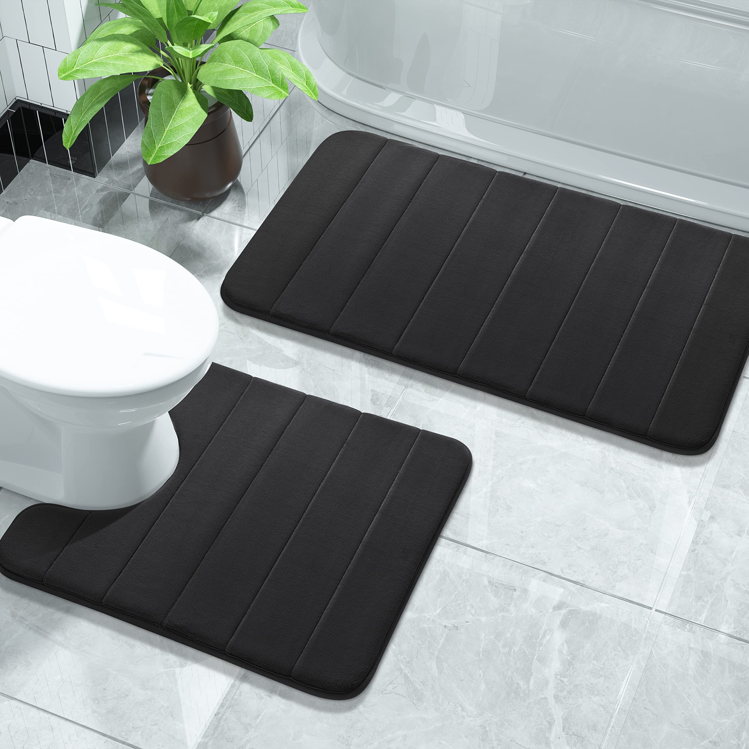 Yimobra Memory Foam Bath Mat Set, 2 Piece Soft Bathroom Rug,81x51 cm and 61x52 cm U-Shaped, Toilet Mat, Water Absorption, Non Slip, Thick, Dry Fast for Bathroom Floor Mat, Black