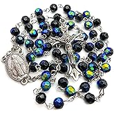 Nazareth Store Black Blue Rosary Beaded Necklace Multi Color Crystallized Glass Beads with Miraculous Medal and Jesus Cross Crucifix