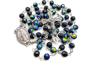 Catholic Deep Blue Rosary Crystal Beads Necklace Miraculous Medal & Crucifix