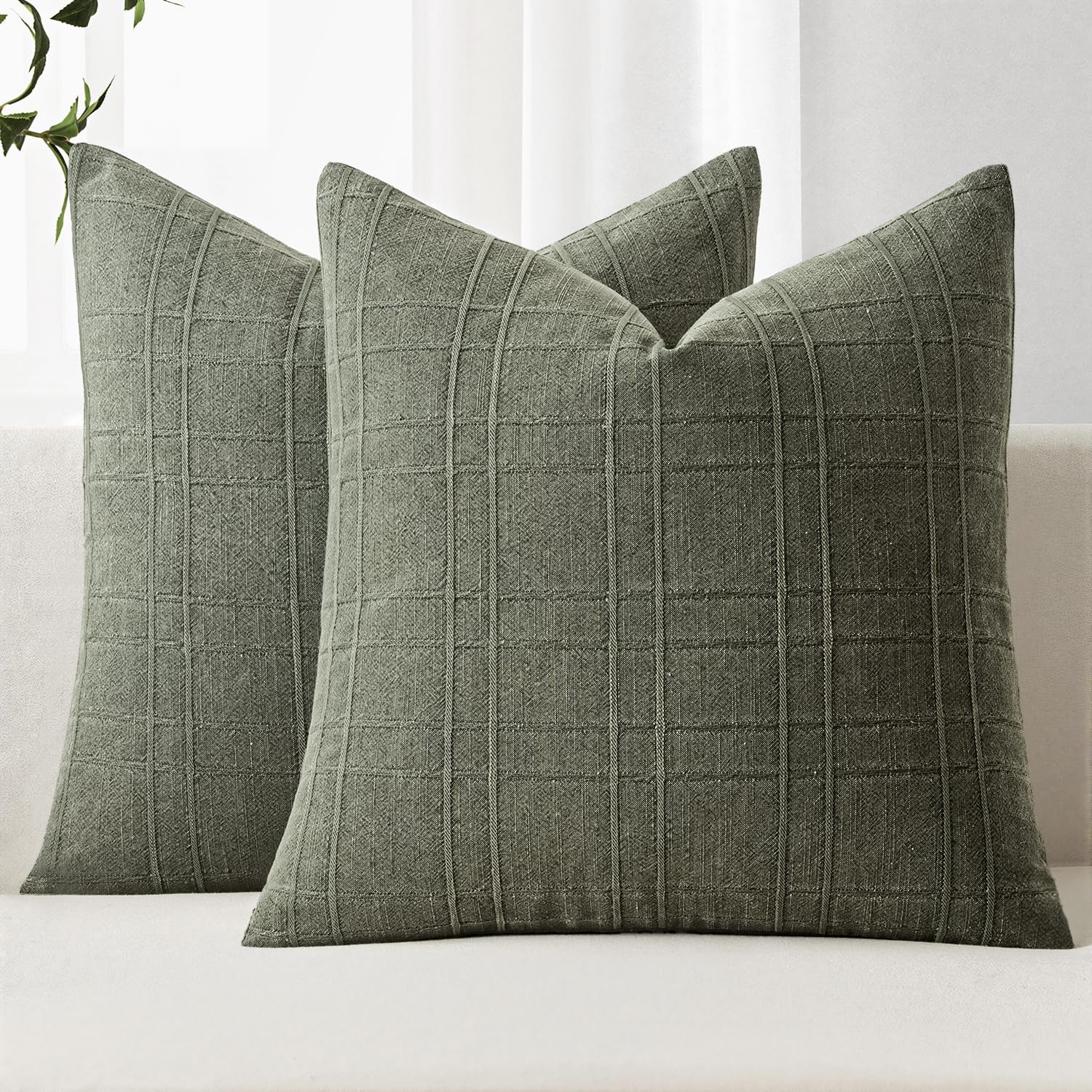 Photo 1 of MIULEE Decorative Linen Check Throw Pillow Covers Neutral Farmhouse Vintage Pillow Covers 18x18 Inch Set of 2 Boho Modern Home Decor for Sofa Couch Bedroom Cushion Chair Olive Green