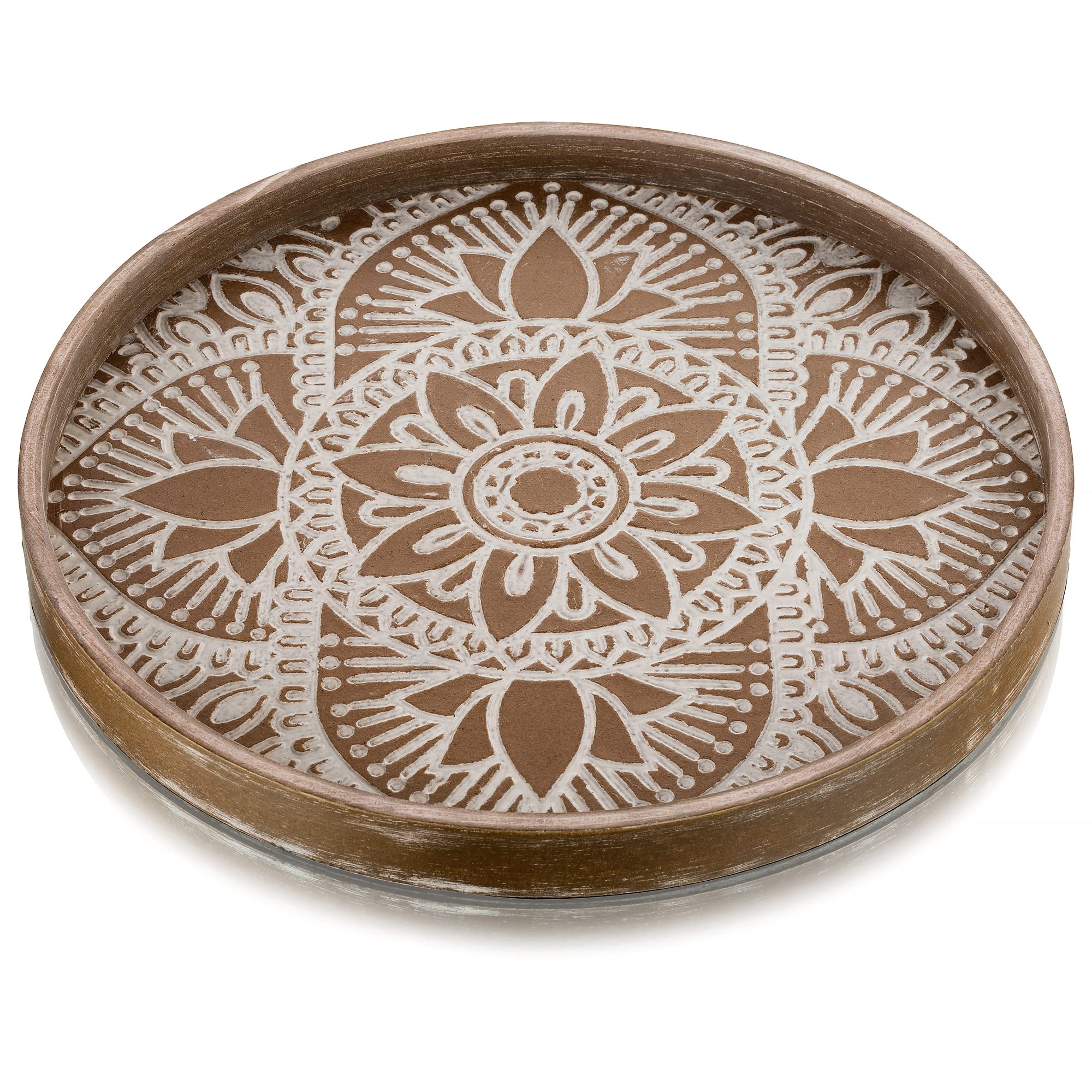 Hanobe Round Wood Decorative Tray: Rustic Coffee Table Trays Farmhouse Decor Brown Centerpiece Wooden Serving Trays Rounded Tray for Kitchen Counter Boho Ottoman Home