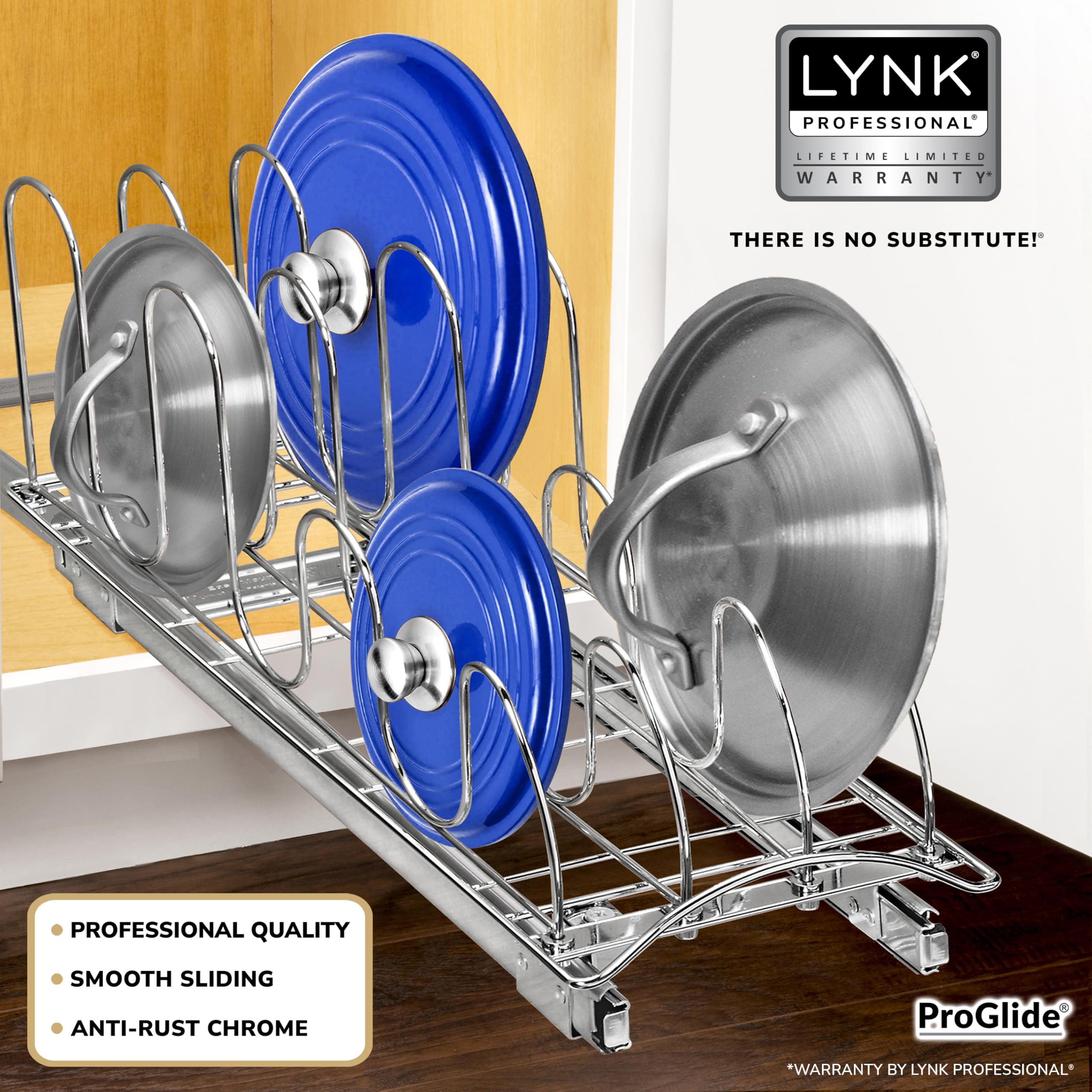 LYNK PROFESSIONAL® Pull Out Pot Lid and Cookie Sheet Organizer Rack for Cabinet - Lifetime Ltd. Warranty - Sliding Kitchen Organizers – Pans, Pots, Lids, and Tray Storage - 7.25 wide x 21 inch, Chrome