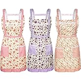 Syhood 3 Pieces Women Floral Aprons with Pockets Vintage Flower Kitchen Cooking Aprons with Adjustable Strap Cute Apron for Kitchen Baking Gardening Household Cleaning Gift Supplies