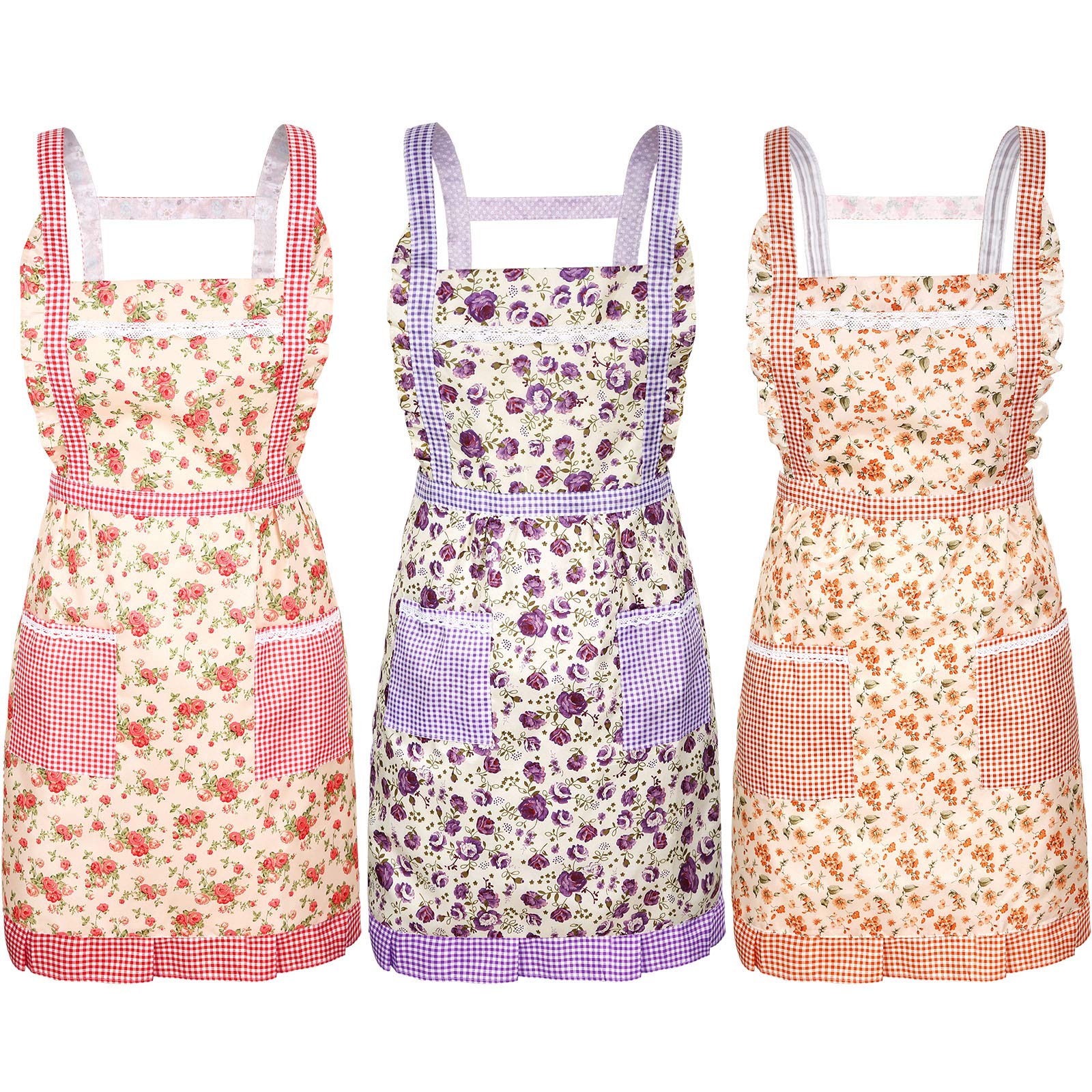 Syhood 3 Pieces Women Floral Aprons with Pockets Vintage Flower Kitchen Cooking Aprons with Adjustable Strap Cute Apron for Kitchen Baking Gardening Household Cleaning Gift Supplies