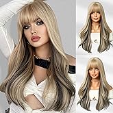 7JHH WIGS Highlight Layered Beige Blonde Wig with Bang Long Straight Synthetic Women Natural Balayaga Black Wig Daily Used (Black Highlight)