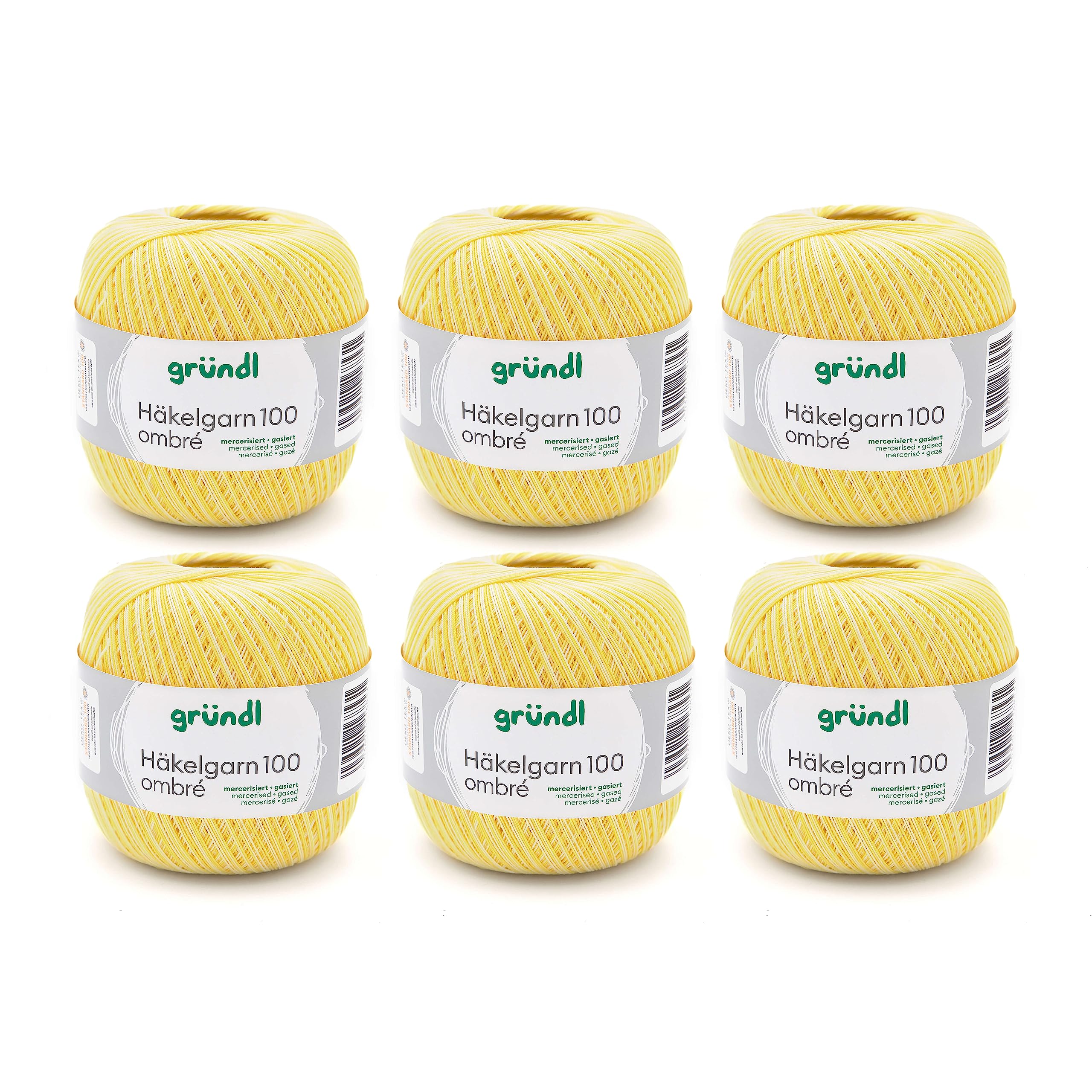 Gründl Crochet Yarn 100 Ombre (Mercerised Cotton Yarn for Crocheting, 100 g/566 m, Needle Size: 1.5-2, 6 x 100 g) Lemon