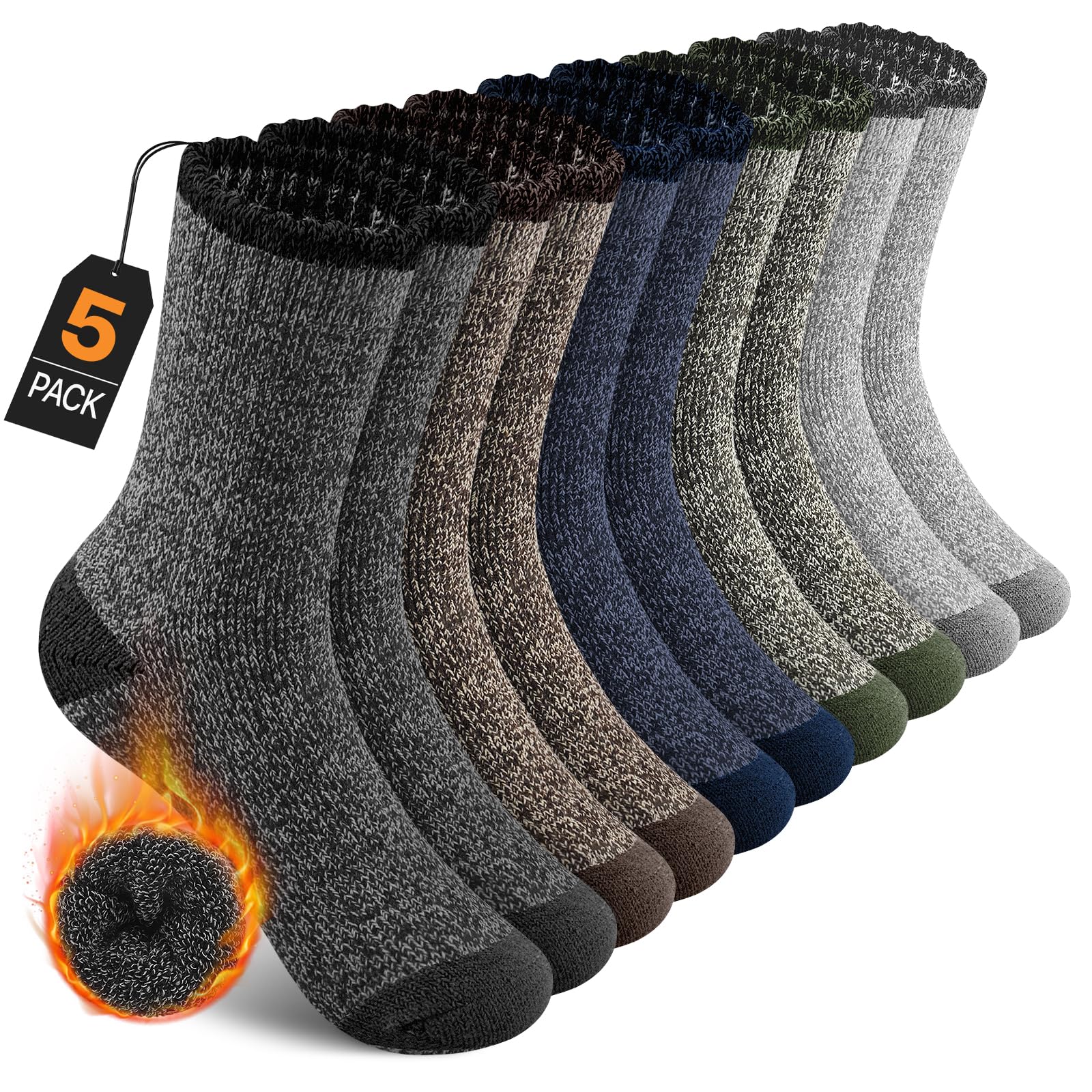 UUMIAER Merino Wool Hiking Socks for Men Thermal Winter Warm Thick Crew Cushion Moisture Wicking Socks 5 Pairs