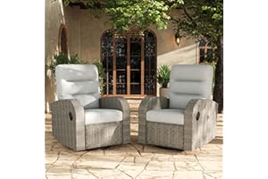 LayinSun Oversized Wicker Outdoor Swivel Glider Recliner with Adjustable Backrest & Footrest, Patio Reclining Lounge Chair - Set of 2