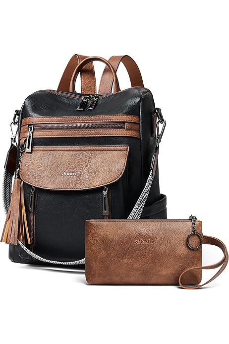 Soperwillton Women's 2-Piece Backpack Purse Set - PU Leather, Convertible Shoulder Bag & Wallet