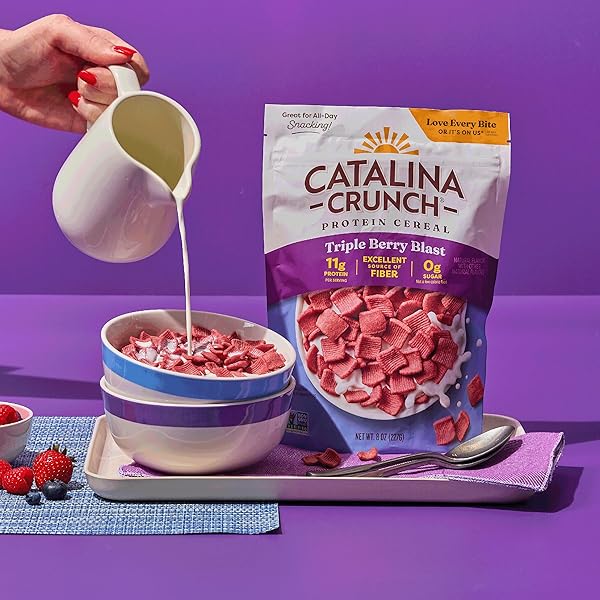 CATALINA CRUNCH PROTEIN CEREAL – SUGAR FREE BREAKFAST CEREAL WITH 11G OF PROTEIN – GLUTEN FREE – TRIPLE BERRY BLAST – 8 OZ. BAG (PACK OF 1), PACKAGING MAY VARY