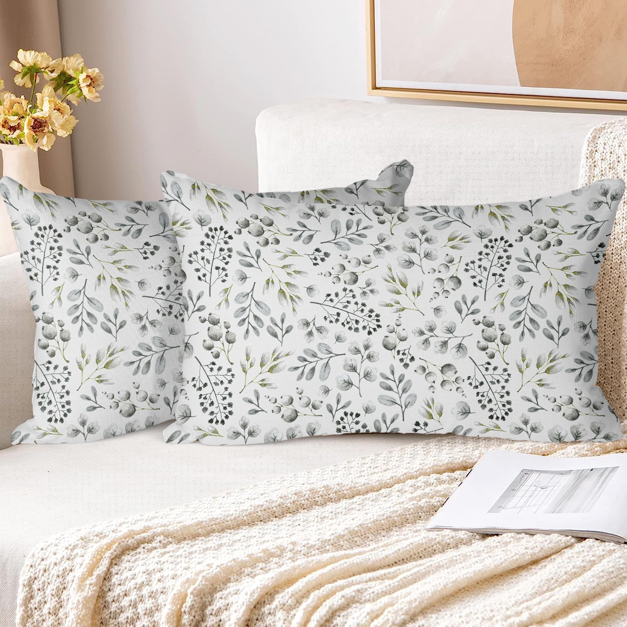 XPHZZL Cushion Covers Set of 2 Pack 30 x 50 cm - Soft Double Sided Garden leaves Decorative Rectangle Cushion Covers for Sofa Bed Garden Outdoor Spring Decor with Invisible Zipper 12 x 20 Inch-White