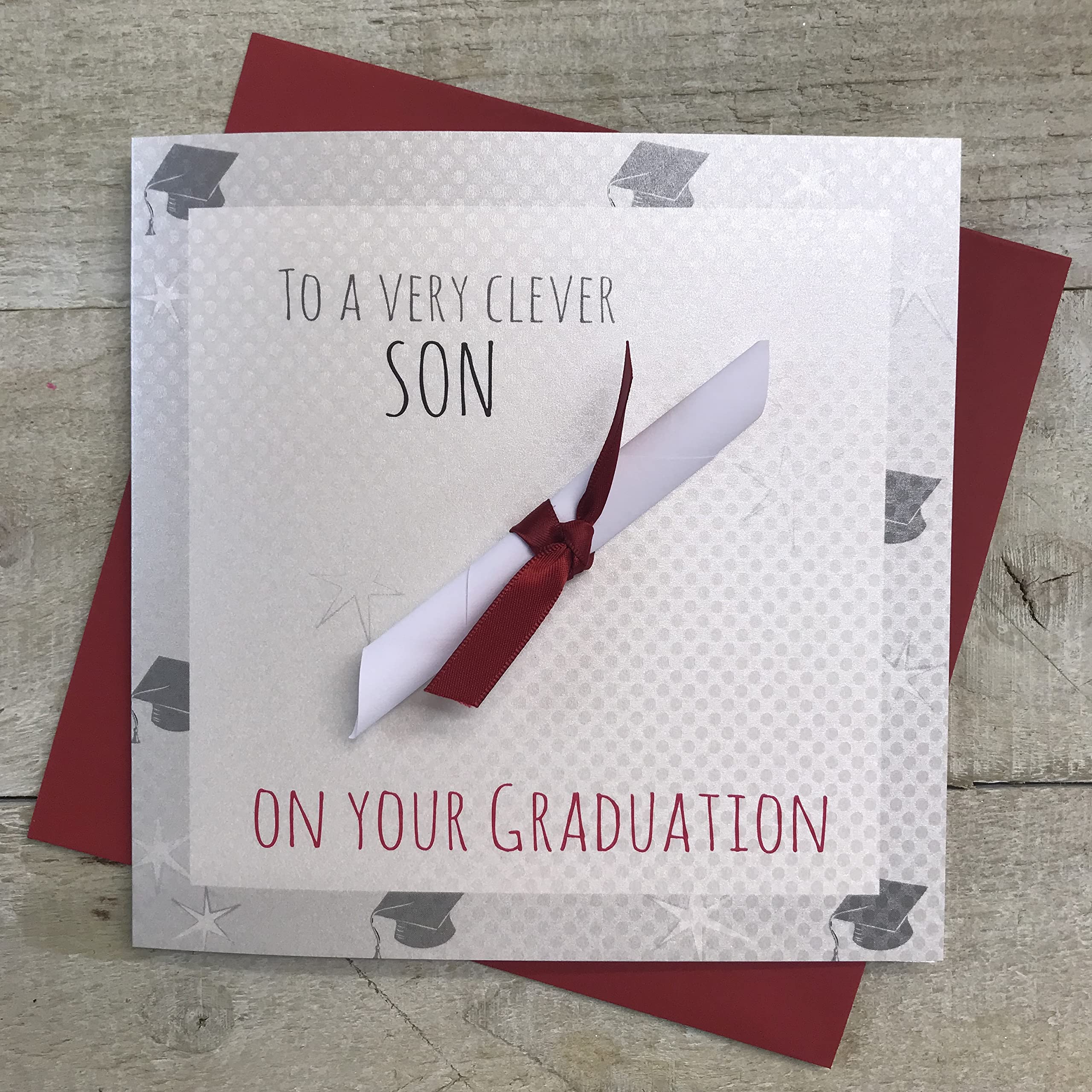WHITE COTTON CARDS Handmade to A Very Clever Son On Your Graduation Scroll Card, White, G15s